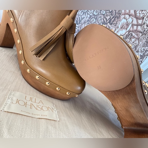 Ulla Johnson Elin Tassel Boots Leather Gold Fringe Wood Heels Sz 35 Quiet Luxury - Picture 4 of 16